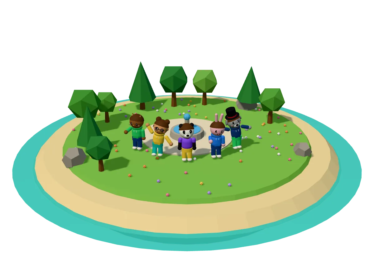 Cartoon people and animals waving together on a little island