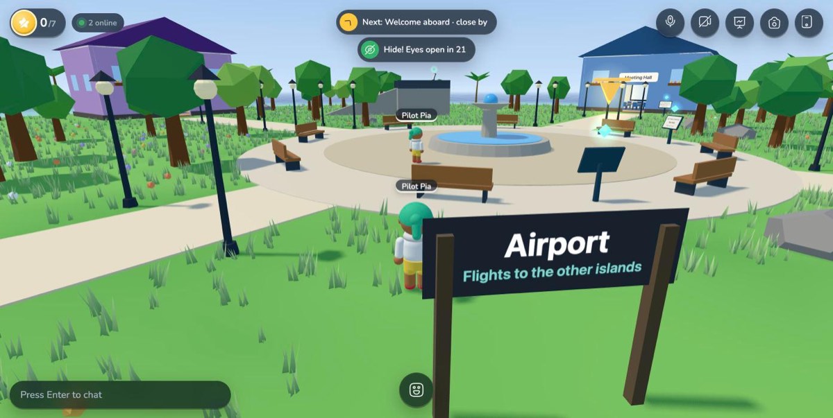 A player hiding behind the airport sign while the seeker waits at the fountain, with a countdown at the top