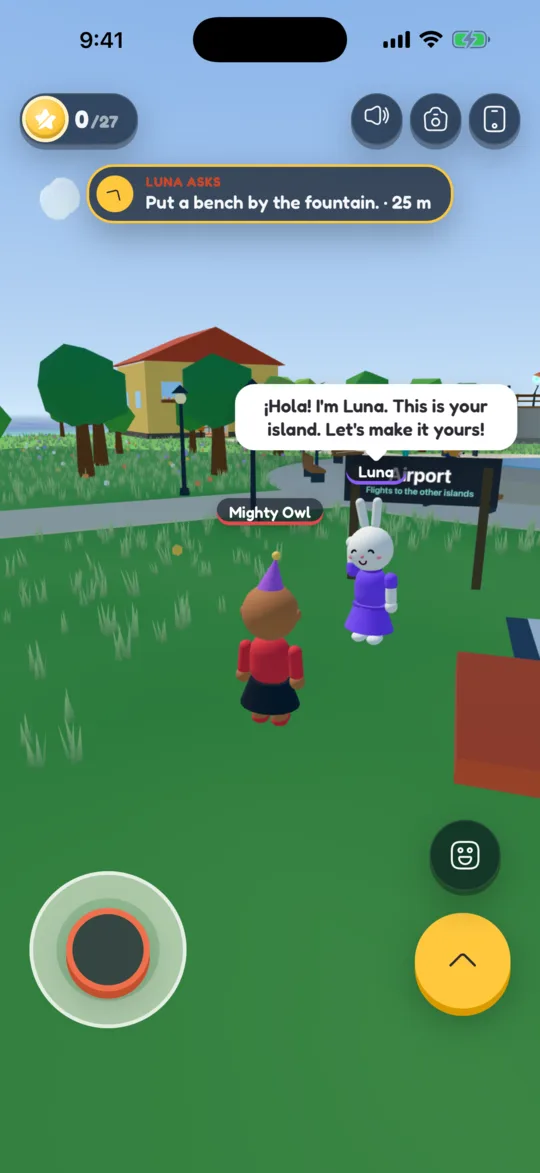 Luna the bunny says hello to a child's character next to the plane