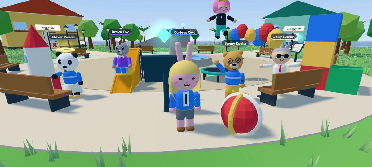 Characters on the plaza with a slide, a trampoline, balloons, a rocket and a tower of blocks they built