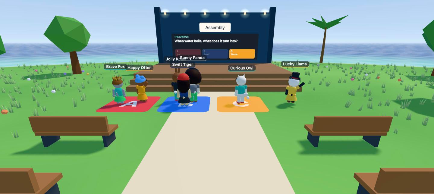 A class answering a quiz by standing on coloured pads