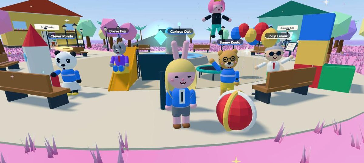 The same plaza in the candy theme, with pink grass and pastel trees